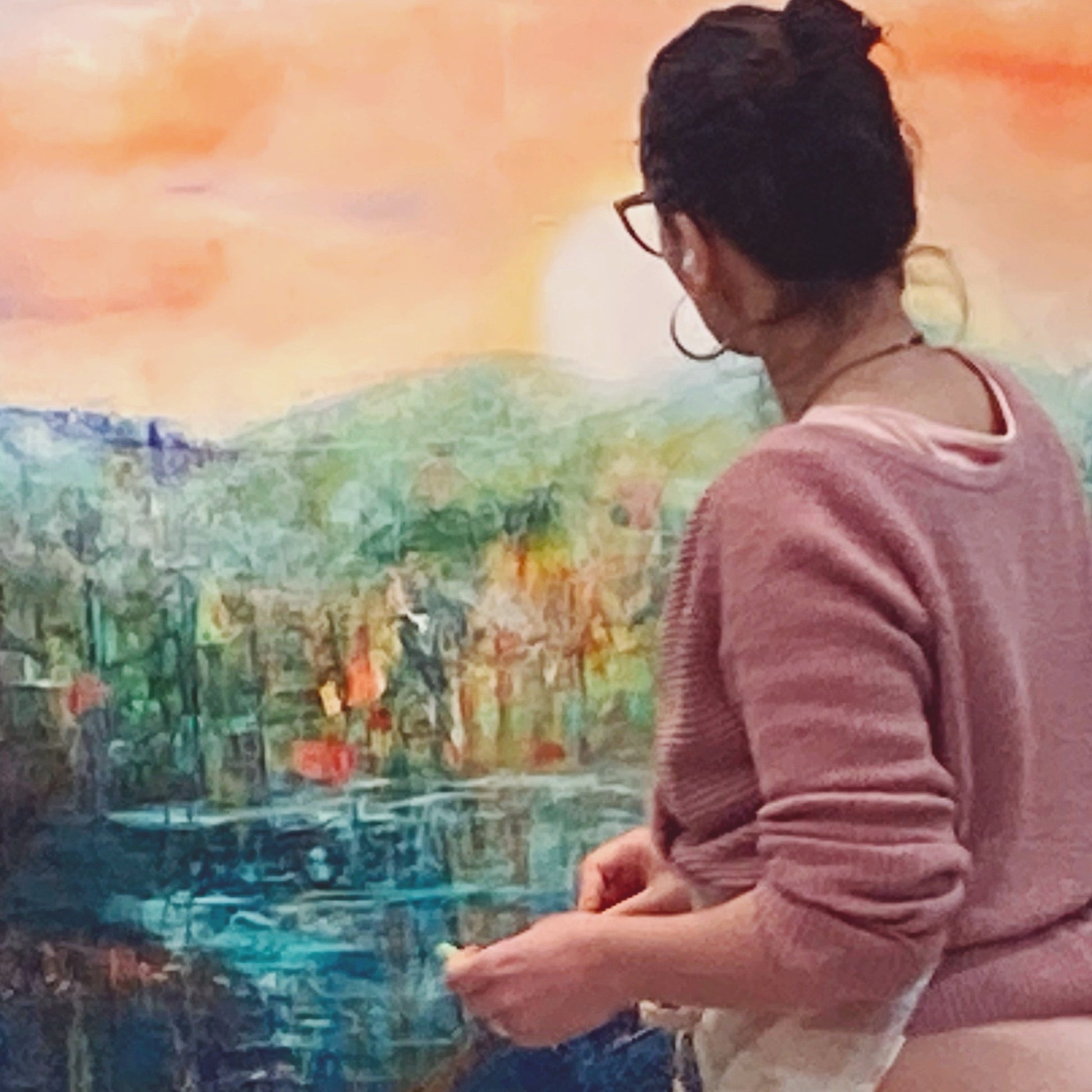 Abstract landscape, mixed media artwork, Mindvalley, collage, Sunset, Sun, Light, Hope, Joy,EdeMota, Edwidge De Mota, artist, contemporary art, conscious art, mindfull art, montreal, artist, canadian artist, woman artist, french artist