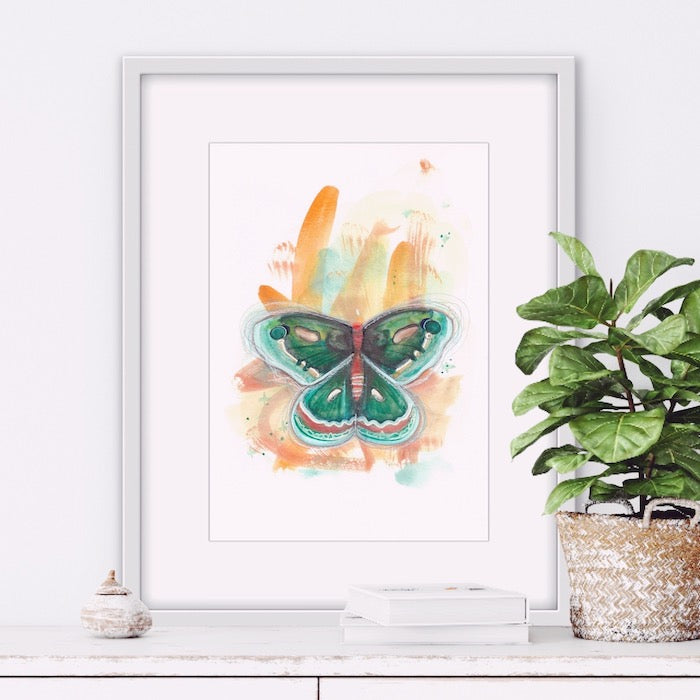 Butterfly, watercolor, green, ochre, blue, boho decor, painting watercolor, Edwidge De Mota, Edemota