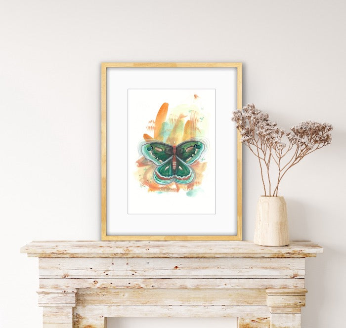 Butterfly, watercolor, green, ochre, blue, boho decor, painting watercolor, Edwidge De Mota, Edemota
