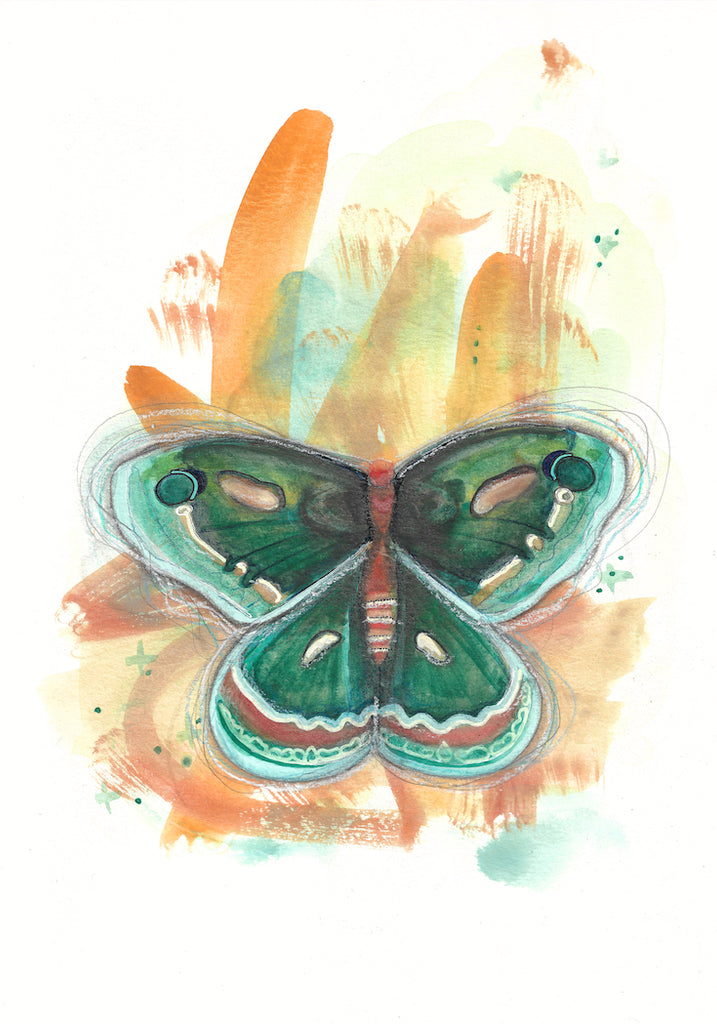 Butterfly, watercolor, green, ochre, blue, boho decor, painting watercolor, Edwidge De Mota, Edemota