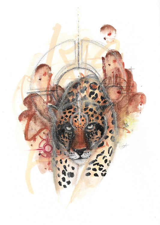 Jaguar, Illustration, Jaguar artwork, Fauve, Jungle, Safari, Tiger, Lion, Wild cat, Watercolor, Gouache, Totem animal, Mystic artwork, Edwidge De Mota, Edemota, Boho home decor, nature home decor