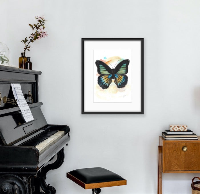 Green, blue, yellow, black, butterfly, vert, bleu, jaune, noir, watercolor, aquarelle, illustration, painting, hand made, boho, decor, funky, Edemota, Edwidge De Mota 