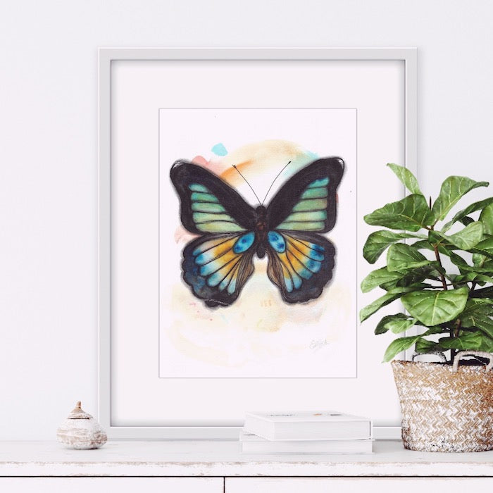 Green, blue, yellow, black, butterfly, vert, bleu, jaune, noir, watercolor, aquarelle, illustration, painting, hand made, boho, decor, funky, Edemota, Edwidge De Mota 