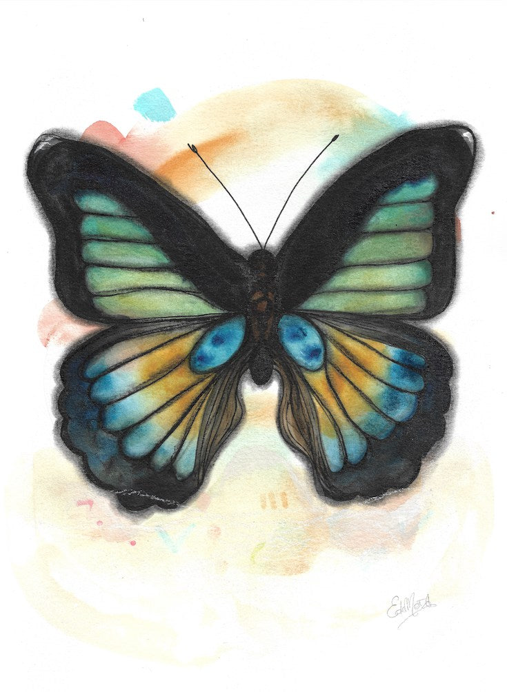 Green, blue, yellow, black, butterfly, vert, bleu, jaune, noir, watercolor, aquarelle, illustration, painting, hand made, boho, decor, funky, Edemota, Edwidge De Mota 