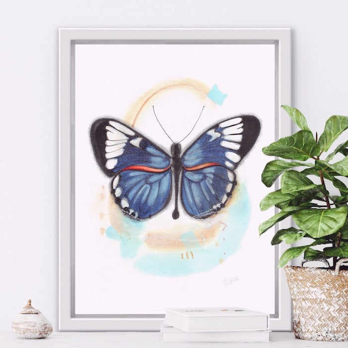 Blue Butterfly, Watercolor illustration, watercolor painting, boho decor, Edemota, Edwidge De Mota