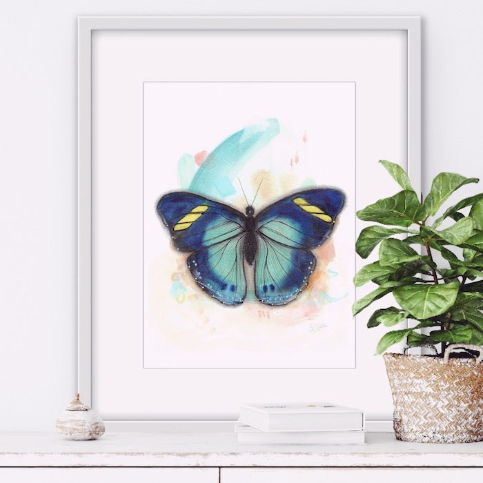 Blue Butterfly, Blue, Aqua, yellow, boho decor, butterfly illustration, papillon, watercolor painting, watercolor illustration, hand drawing, handpainting, Edwidge De Mota, Edemota