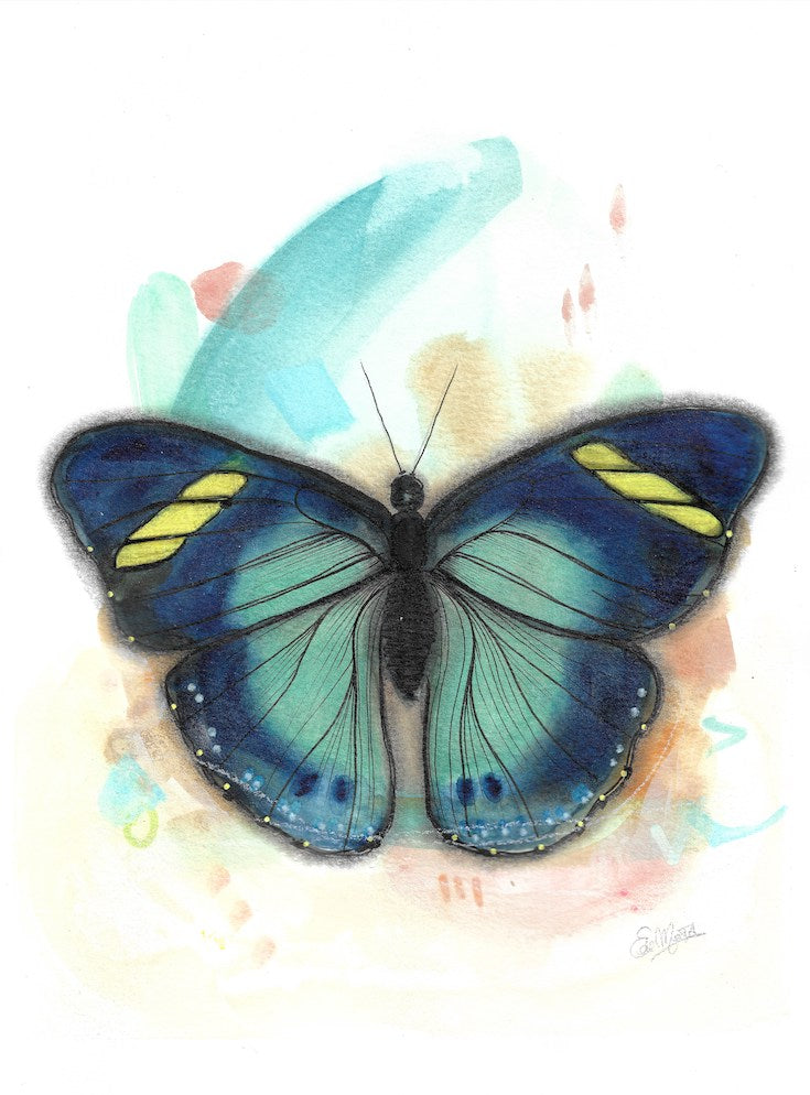 Blue Butterfly, Blue, Aqua, yellow, boho decor, butterfly illustration, papillon, watercolor painting, watercolor illustration, hand drawing, handpainting, Edwidge De Mota, Edemota