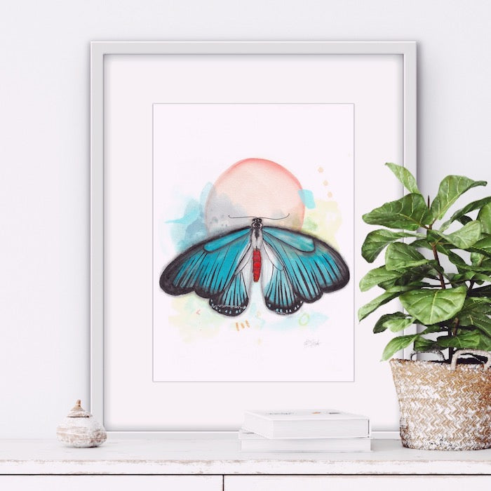 Blue Butterfly, Butterlfy, papillon, bleu, Illustration, Watercolor illustration, painting, Edemota, Edwidge De Mota, boho decor