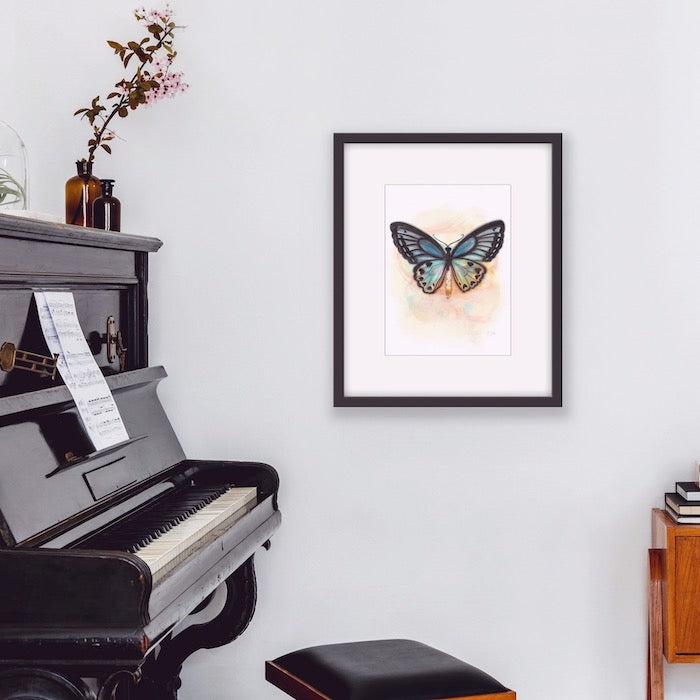 Blue Butterfly, Papillon bleu, Blue, green, ochre, yellow, salmon, pastel, heart, coeur, black, aqua, boho decor, watercolor painting, illustration, hand drawing, Edemota, Edwidge De Mota