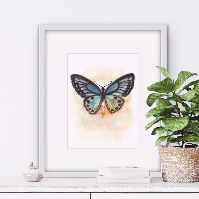 Blue Butterfly, Papillon bleu, Blue, green, ochre, yellow, salmon, pastel, heart, coeur, black, aqua, boho decor, watercolor painting, illustration, hand drawing, Edemota, Edwidge De Mota