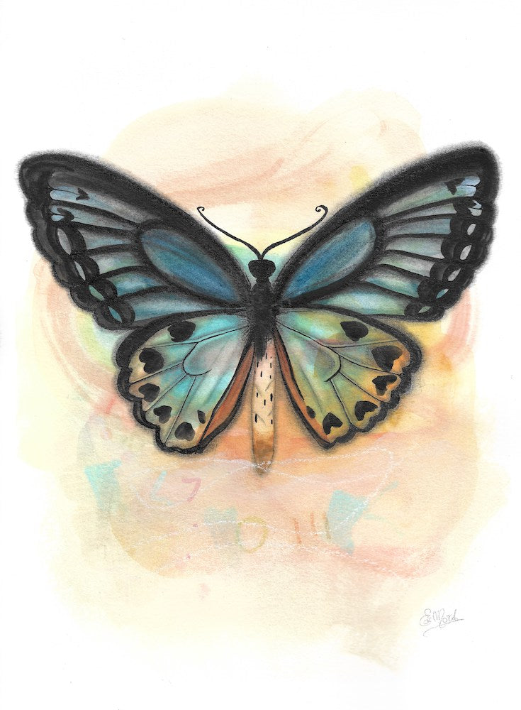 Blue Butterfly, Papillon bleu, Blue, green, ochre, yellow, salmon, pastel, heart, coeur, black, aqua, boho decor, watercolor painting, illustration, hand drawing, Edemota, Edwidge De Mota
