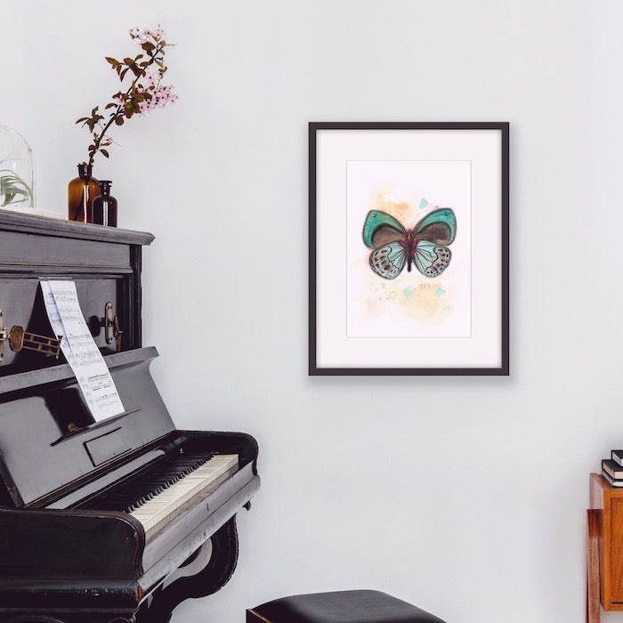 Green butterfly, red, Papillon vert, rouge, Aqua, yellow, brown, black, boho decor, watercolor, painting, watercolor illustration, Edwidge De Mota, Edemota