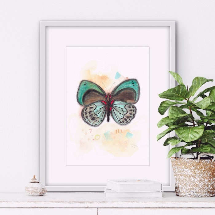 Green butterfly, red, Papillon vert, rouge, Aqua, yellow, brown, black, boho decor, watercolor, painting, watercolor illustration, Edwidge De Mota, Edemota