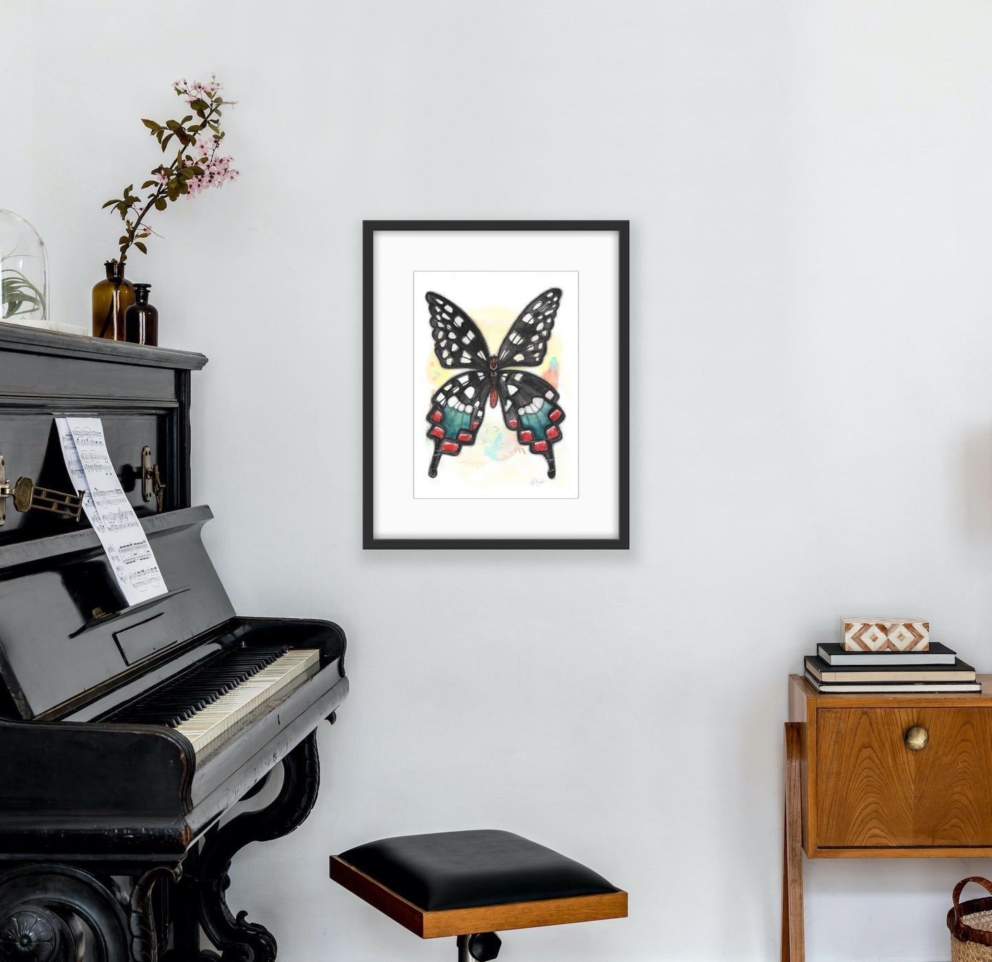 Black Butterfly, poky dot, Red, green, Papillon noir, vert, rouge, petit poids, boho decor, Illustration, watercolor, painting, hand drawing, hand made, Edemota, Edwidge De Mota 