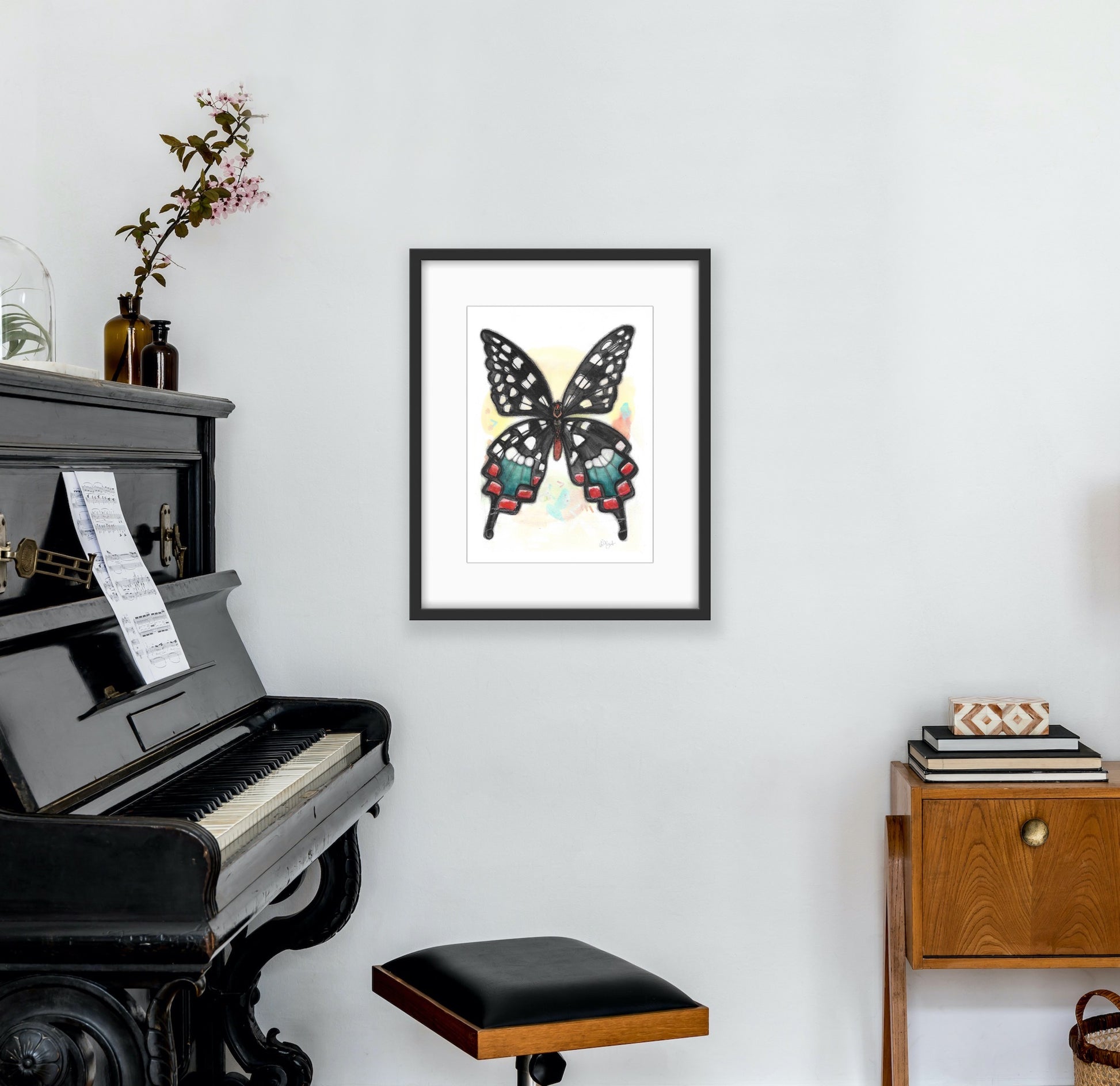 Black Butterfly, poky dot, Red, green, Papillon noir, vert, rouge, petit poids, boho decor, Illustration, watercolor, painting, hand drawing, hand made, Edemota, Edwidge De Mota 