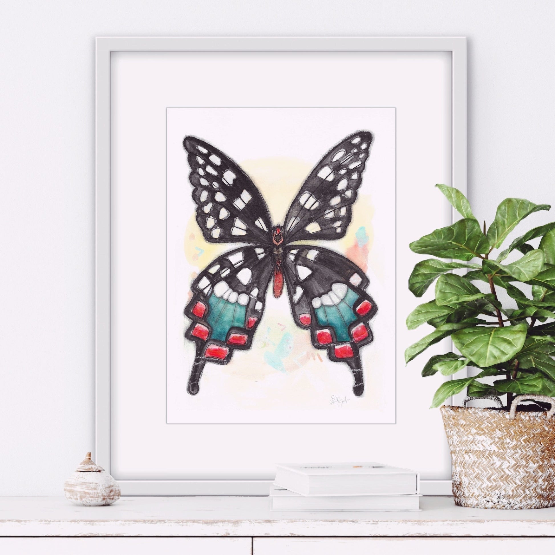 Black Butterfly, poky dot, Red, green, Papillon noir, vert, rouge, petit poids, boho decor, Illustration, watercolor, painting, hand drawing, hand made, Edemota, Edwidge De Mota 