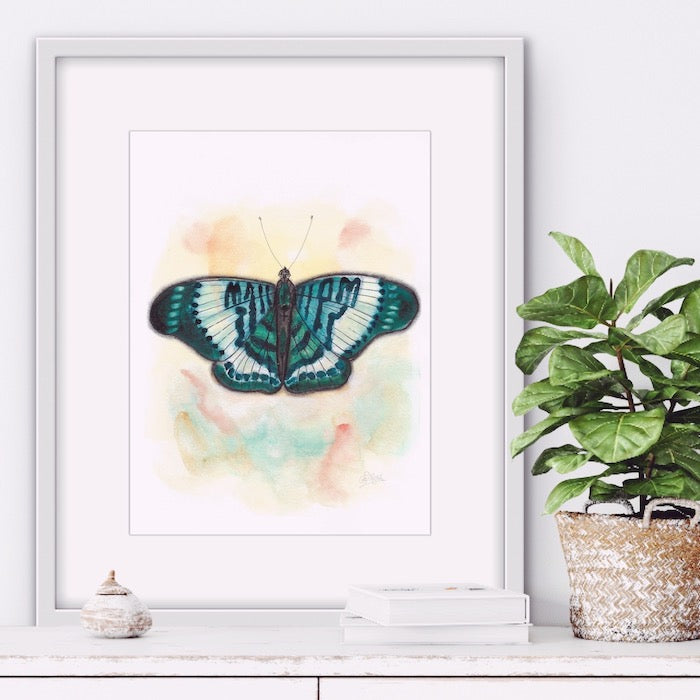 blue green butterfly, malachite green, papillon, esmerald, emeraude, bleu, vert, watercolor painting, illustration, Edemota, Edwidge De Mota