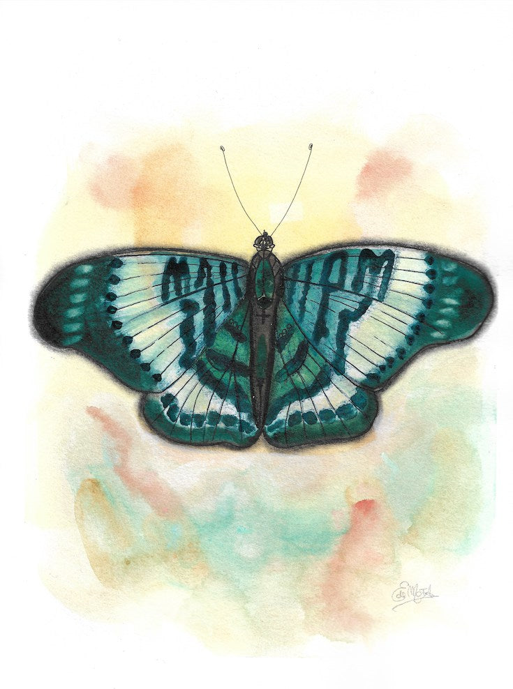 blue green butterfly, malachite green, papillon, esmerald, emeraude, bleu, vert, watercolor painting, illustration, Edemota, Edwidge De Mota