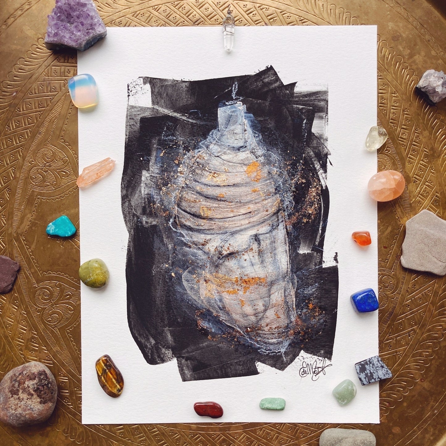 Chrysalide, Chrysalis, mixed media art, painting, gold, golden leaves, butterfly, papillon, black and white, Sacred art, wiccan art, witch art, totem, Edemota, Edwidge De Mota
