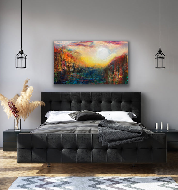 Abstract landscape, mixed media artwork, collage, Sunset, Mindvalley, Sun, Light, Hope, Joy,