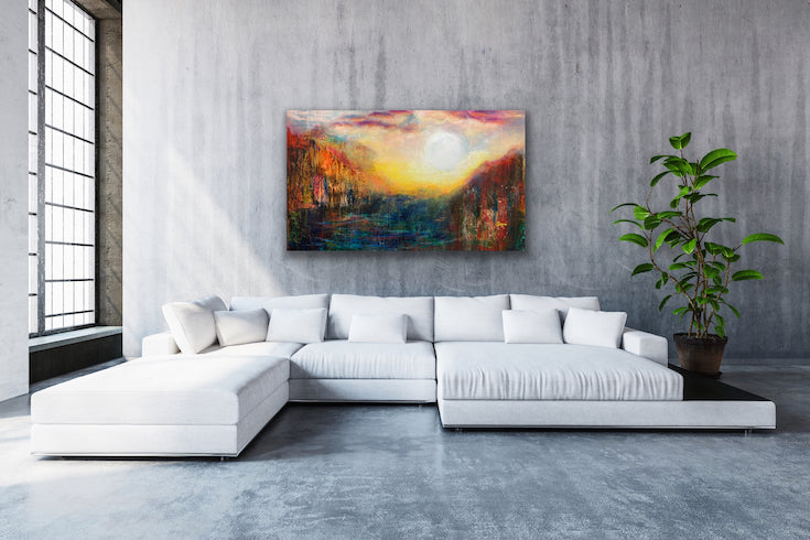 Abstract landscape, mixed media artwork, collage, Sunset, Mindvalley, Sun, Light, Hope, Joy,