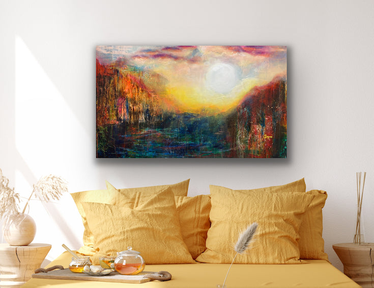 Abstract landscape, mixed media artwork, collage, Sunset, Mindvalley, Sun, Light, Hope, Joy,