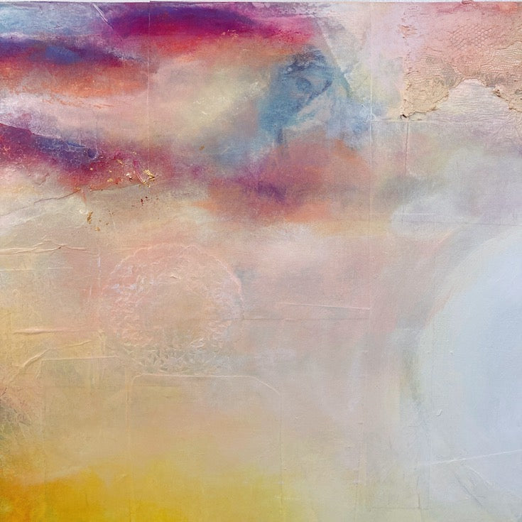 Abstract landscape, mixed media artwork, collage, Mindvalley, Sunset, Sun, Light, Hope, Joy,