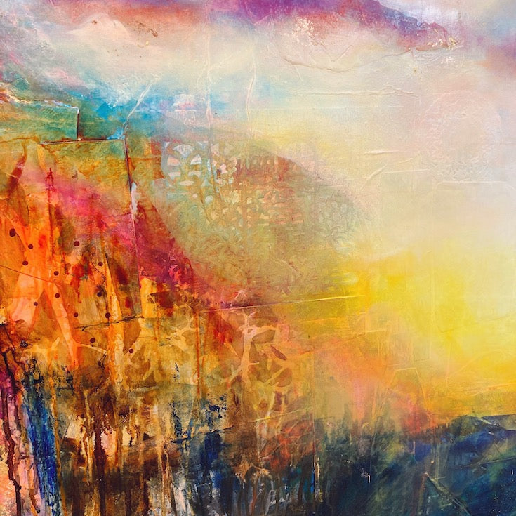 Abstract landscape, mixed media artwork, collage, Mindvalley, Sunset, Sun, Light, Hope, Joy,