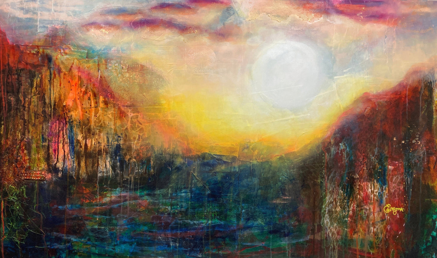 Abstract landscape, mixed media artwork, Mindvalley, collage, Sunset, Sun, Light, Hope, Joy,