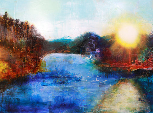 Abstract landscape, mixed media artwork, Mindvalley, collage, Sunset, Sun, Light, Hope, Joy,