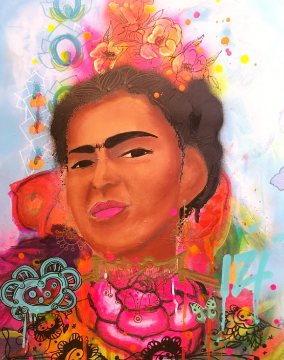 Frida, Frida Kahlo, Street art style, Cool Artwork, Frida artwork, vivid color, fluo color