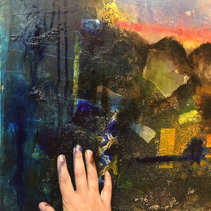 Abstract landscape, mixed media artwork, Mindvalley, collage, Sunset, Sun, Light, Hope, Joy,
