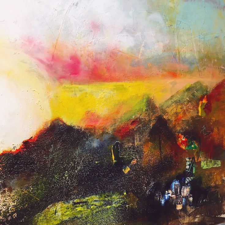 Abstract landscape, mixed media artwork, Mindvalley, collage, Sunset, Sun, Light, Hope, Joy,