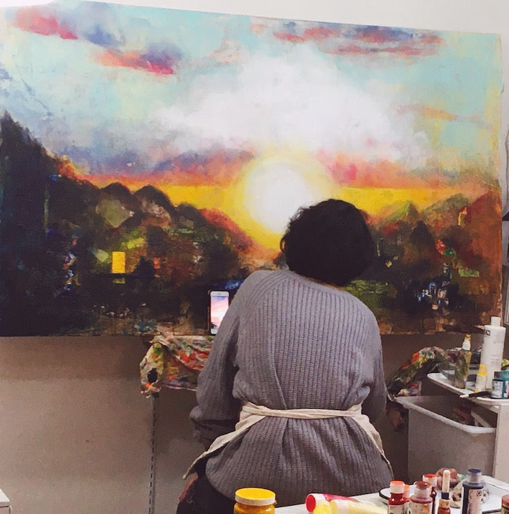 Abstract landscape, mixed media artwork, Mindvalley, collage, Sunset, Sun, Light, Hope, Joy,