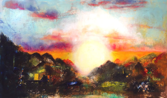 Abstract landscape, mixed media artwork, Mindvalley, collage, Sunset, Sun, Light, Hope, Joy,