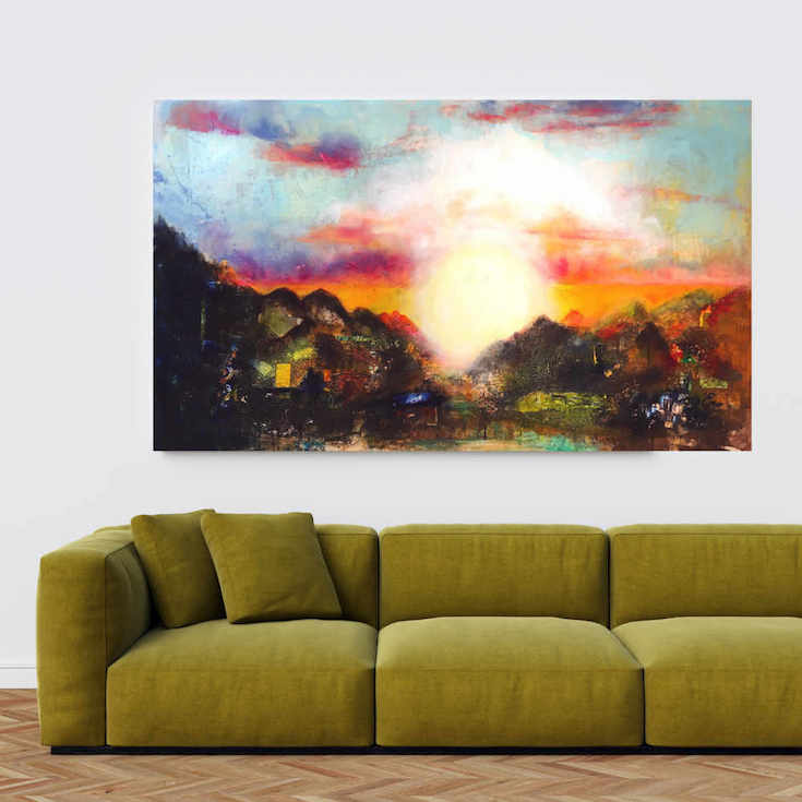Abstract landscape, mixed media artwork, Mindvalley, collage, Sunset, Sun, Light, Hope, Joy,