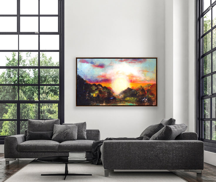 Abstract landscape, mixed media artwork, Mindvalley, collage, Sunset, Sun, Light, Hope, Joy,