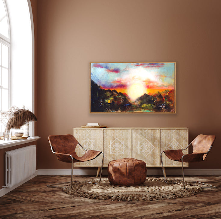 Abstract landscape, mixed media artwork, Mindvalley, collage, Sunset, Sun, Light, Hope, Joy,