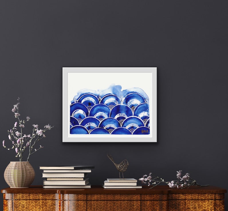 Indigo, Blue, Shibori, Japanese inspiration, pattern, waves, japanese waves, boho decor, home decor