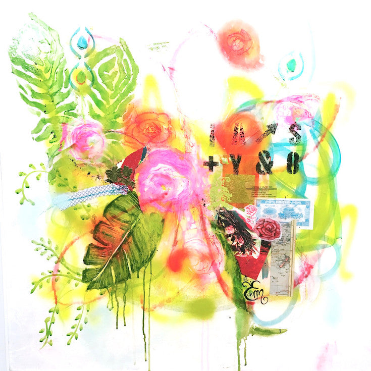 Joy full artwork, floral, abstract floral, street art style, cool artwork, home decor, green, rose, orange, turquoise