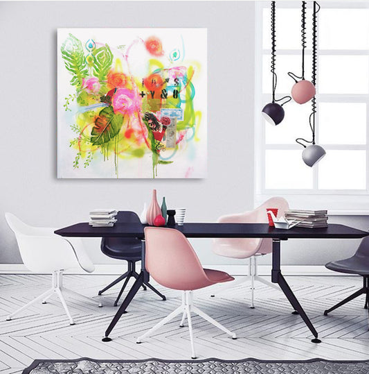 Joy full artwork, floral, abstract floral, street art style, cool artwork, home decor, green, rose, orange, turquoise