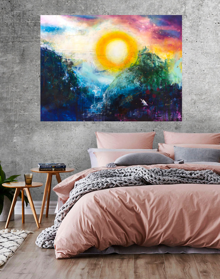 Abstract landscape, mixed media artwork, Mindvalley, collage, Sunset, Sun, Light, Hope, Joy,