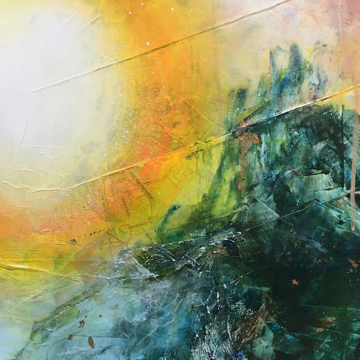 Abstract landscape, mixed media artwork, Mindvalley, collage, Sunset, Sun, Light, Hope, Joy,