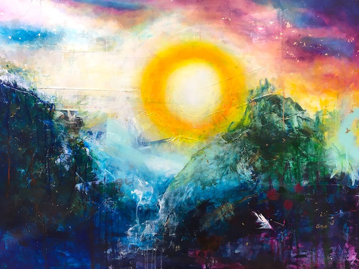 Abstract landscape, mixed media artwork, collage, Sunset, Sun, Light, Mindvalley, Hope, Joy,