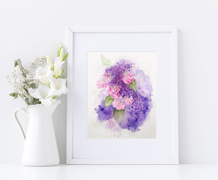 lilacs, watercolor, artwork, mixed media, lilas, violet, purple,