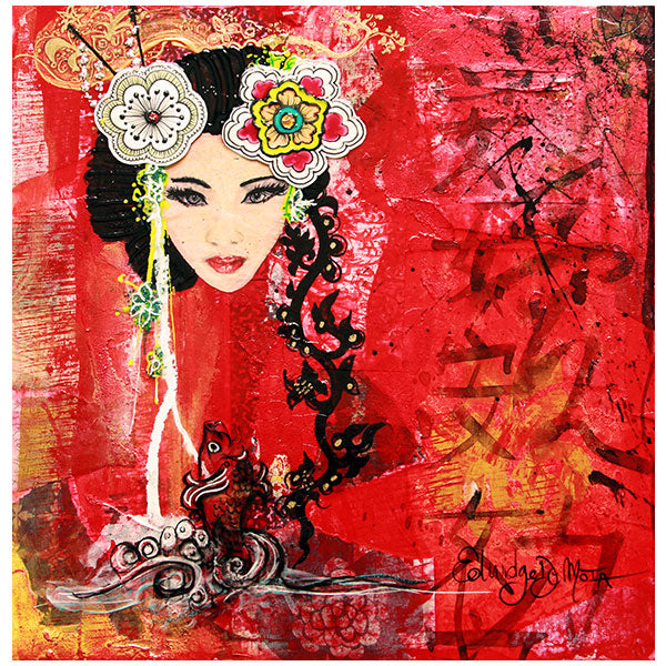 Asian style, style asiatique, asian woman, femme asiatique, rouge, red, calligraphie asiatique, cool artwork, mixed media artwork, Edemota, Edwidge De Mota,