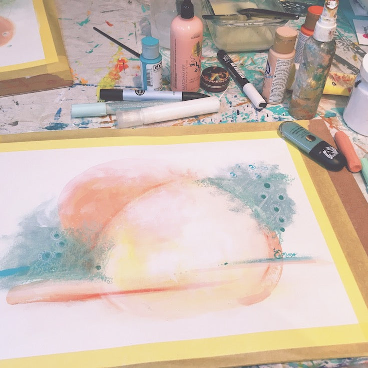 Abstract artwork, mint green, eucalyptus green, coral, sun, sunset