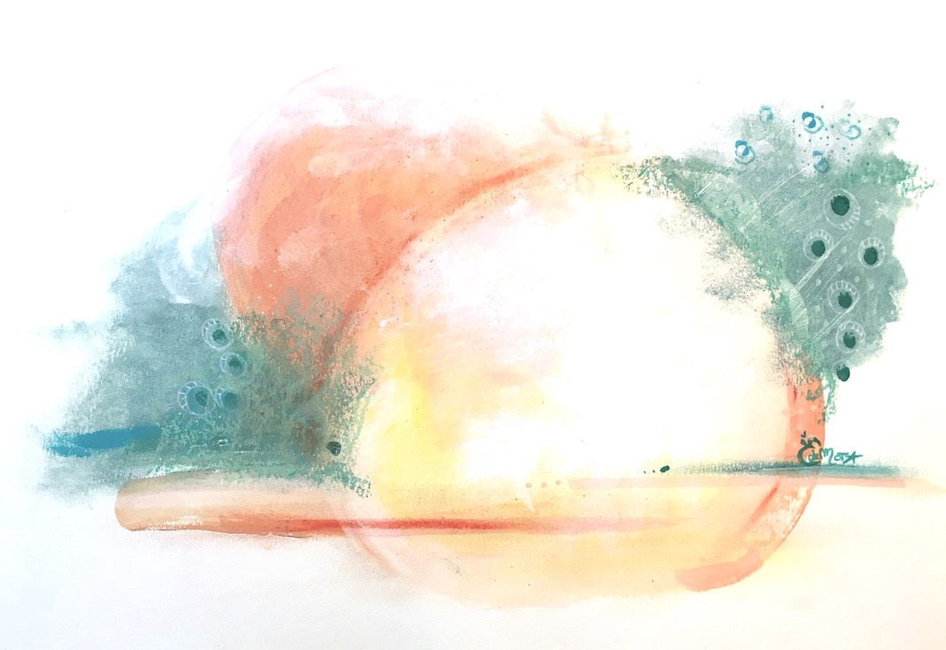 Abstract artwork, mint green, eucalyptus green, coral, sun, sunset