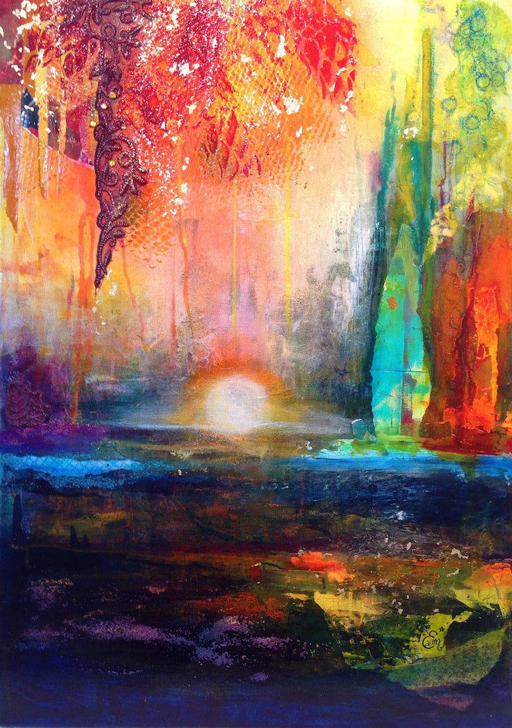 Abstract landscape, mixed media artwork, collage,