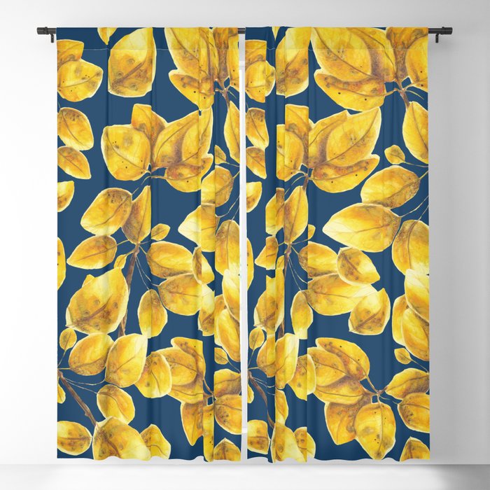 Tree leaves, Golden leaves, Bleu deep, Curtains, Watercolor, Sweet watercolor artwork, Tremble tree leaves, Illustration